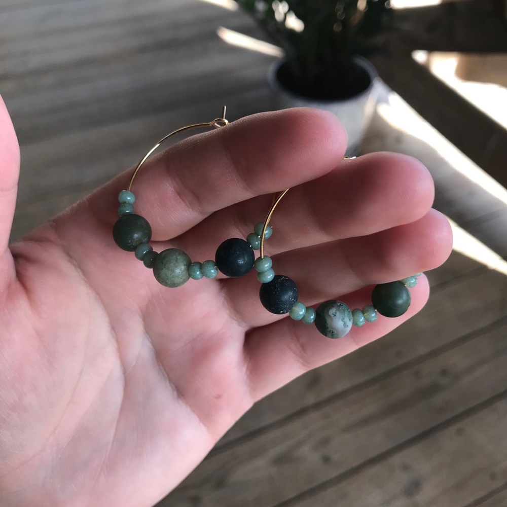 Matte Indian Agate Beaded Gold Plated Hoop Earring - Picture 7 of 8